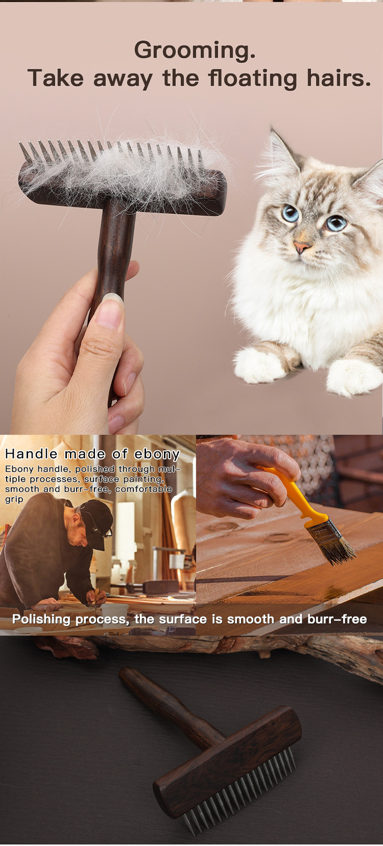 EBONY Wood Open Knot Comb Hair Double Row Design Sturdy Durable Pet Cat Nail Rake Brush for Dogs