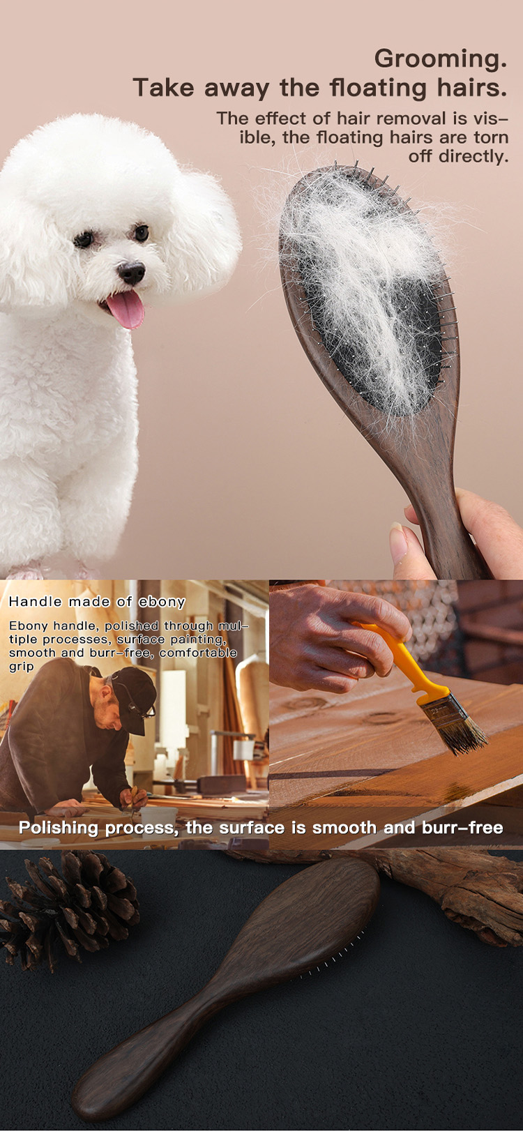 Manufacturer Customized Pet Ebony Wooden Massage Brush Dog Hair Removal Brush With Long Pins