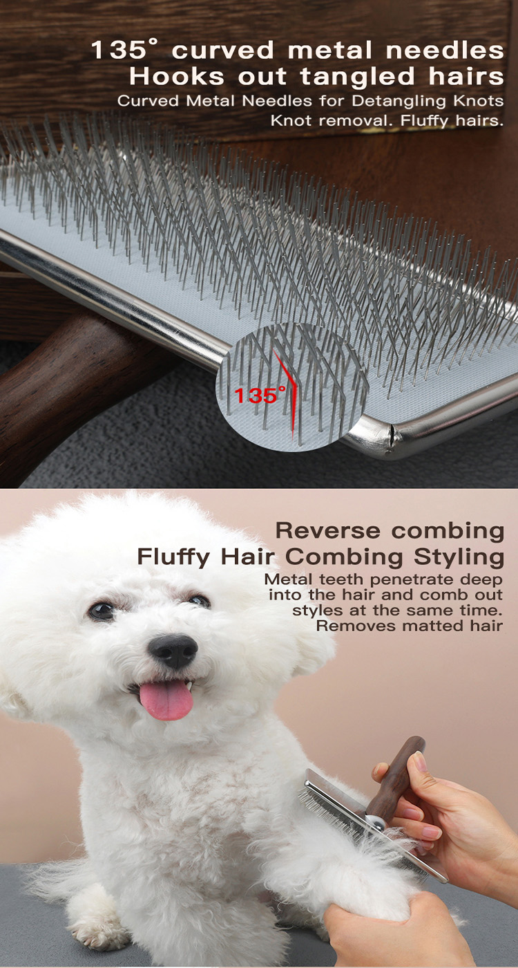 Dog Hair Comb Eco-Friendly Pet EBONY Wooden Slicker Brush Massage Grooming Slicker Brush with Rounded Bristles