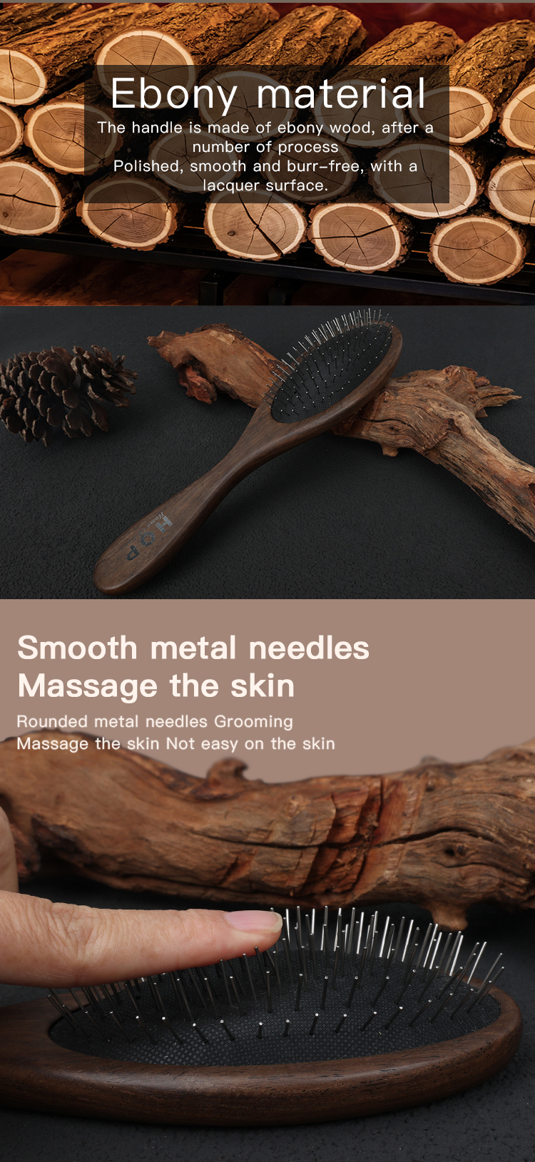 Manufacturer Customized Pet Ebony Wooden Massage Brush Dog Hair Removal Brush With Long Pins