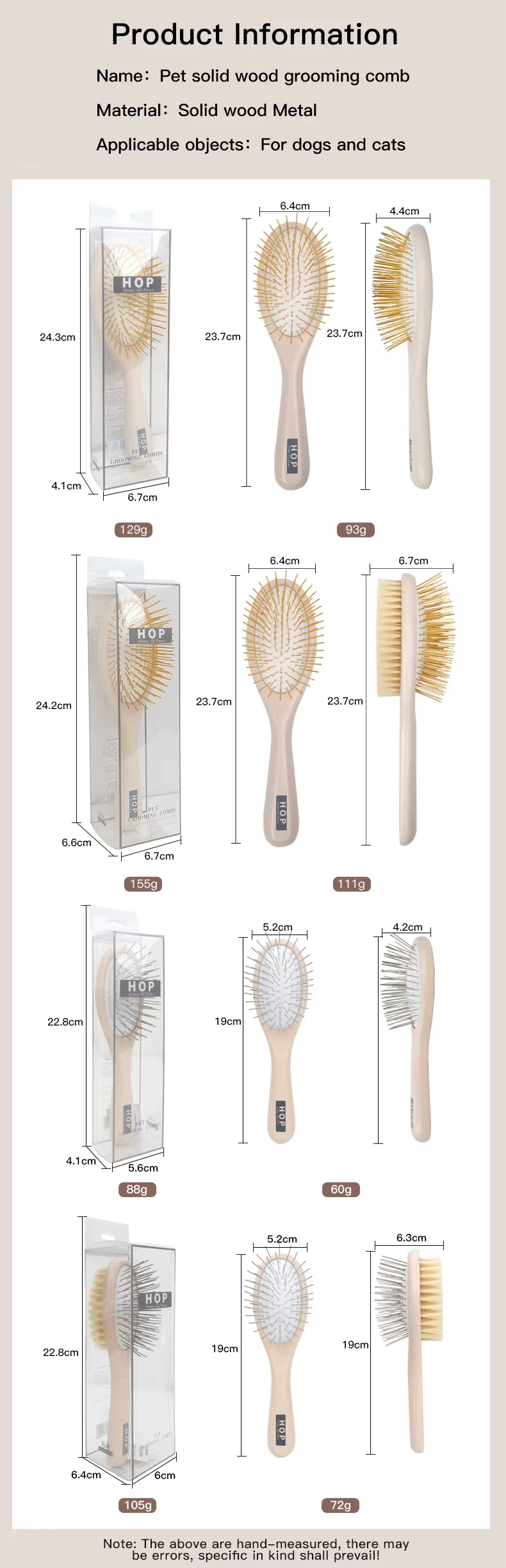 Wooden Double Side Dog Brush and Cat Brush, Pet Grooming Comb for Removing Shedding Hair