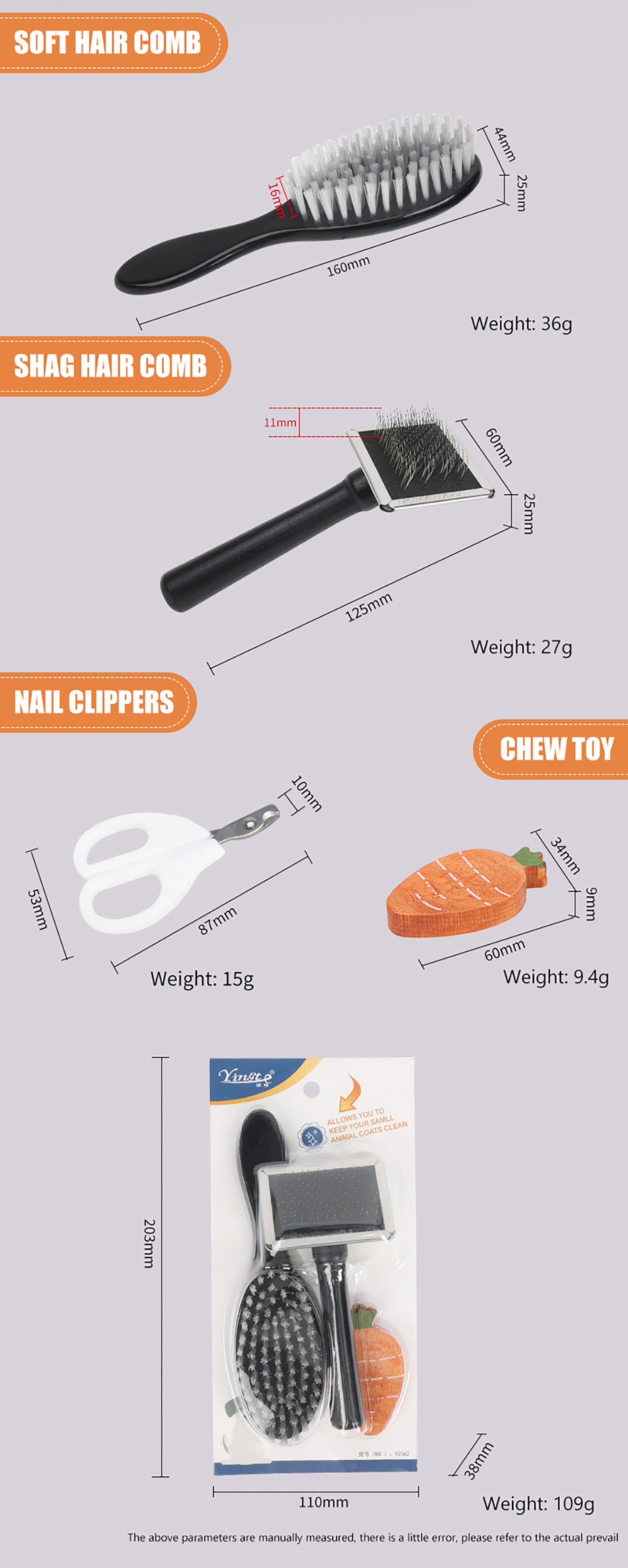 Pet Grooming Set Slicker Brush Nail Clipper Dog Cat Grooming Kit with Chew Toy