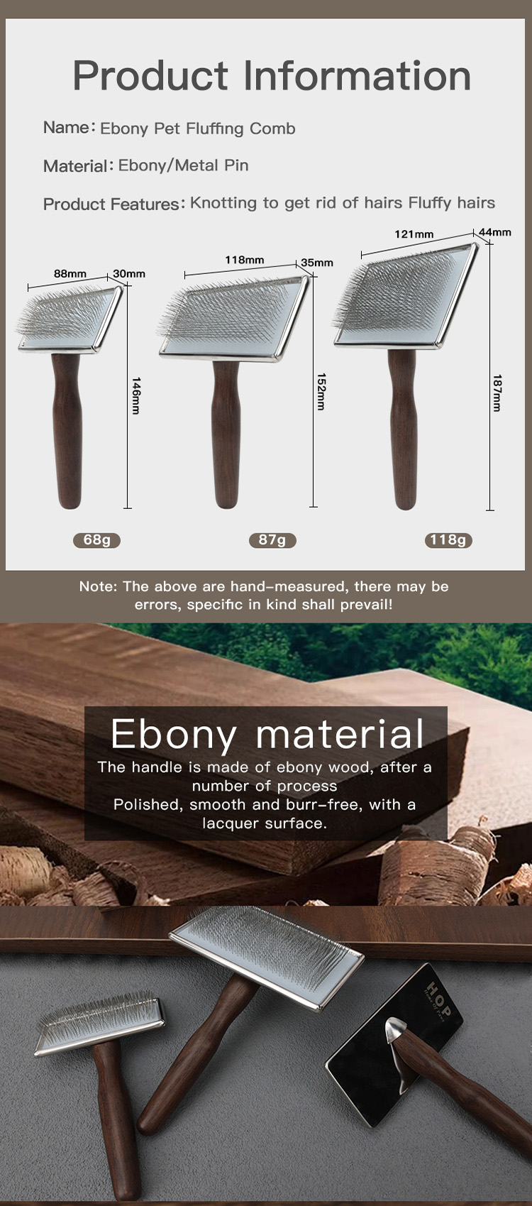 Dog Hair Comb Eco-Friendly Pet EBONY Wooden Slicker Brush Massage Grooming Slicker Brush with Rounded Bristles