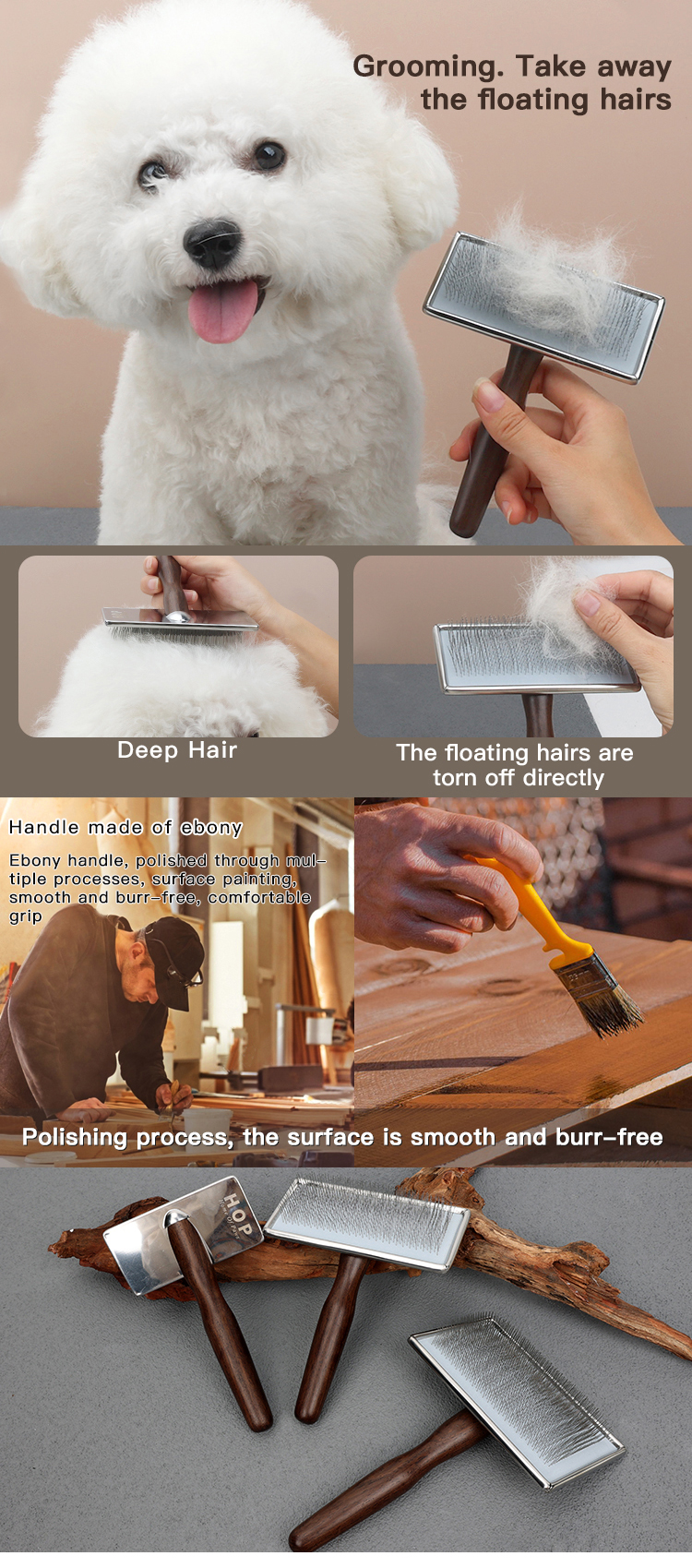 Dog Hair Comb Eco-Friendly Pet EBONY Wooden Slicker Brush Massage Grooming Slicker Brush with Rounded Bristles