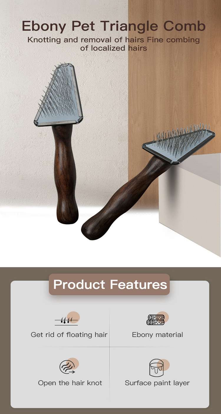 Pet Hair Grooming Triangle Head Face Ebony Wood Slicker Brush for