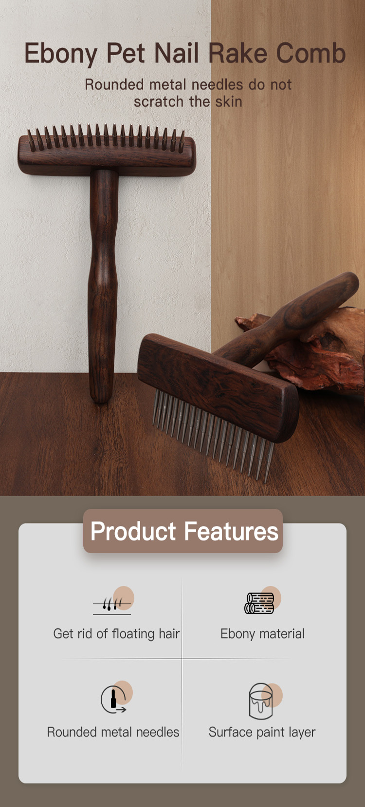 EBONY Wood Open Knot Comb Hair Double Row Design Sturdy Durable Pet Cat Nail Rake Brush for Dogs