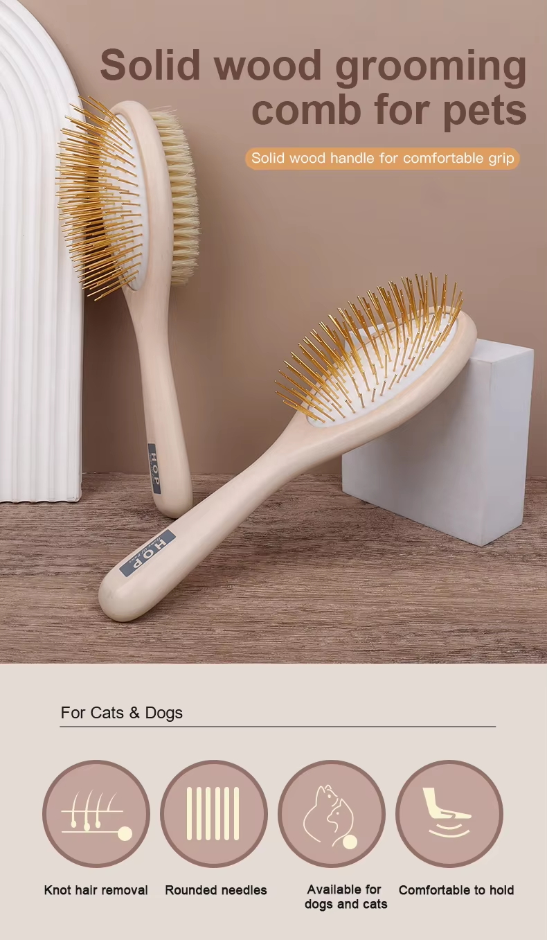 Wooden Double Side Dog Brush and Cat Brush, Pet Grooming Comb for Removing Shedding Hair