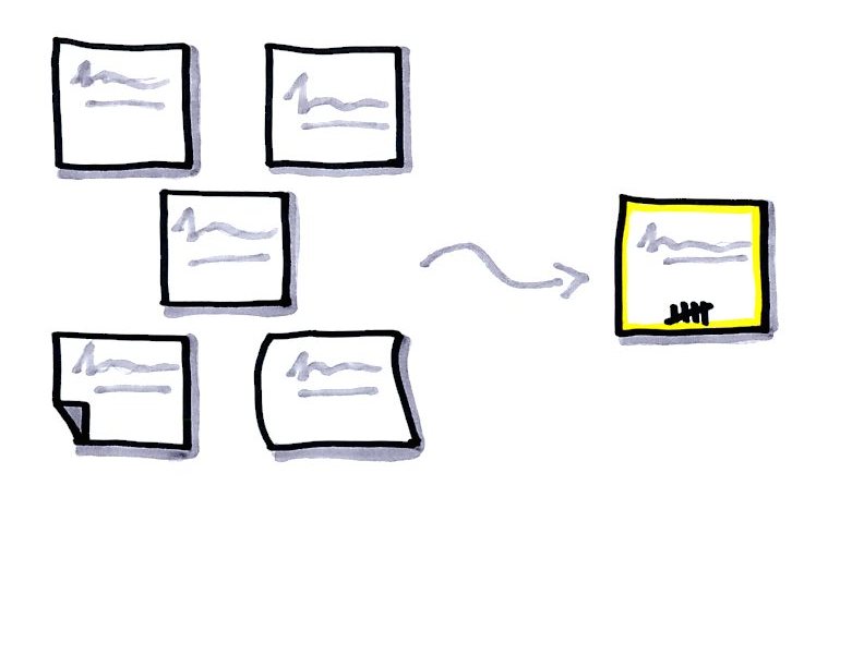 Illustration that shows how we combining many comments into one sticky with tick marks. Tally up them comments. Tally, I say!