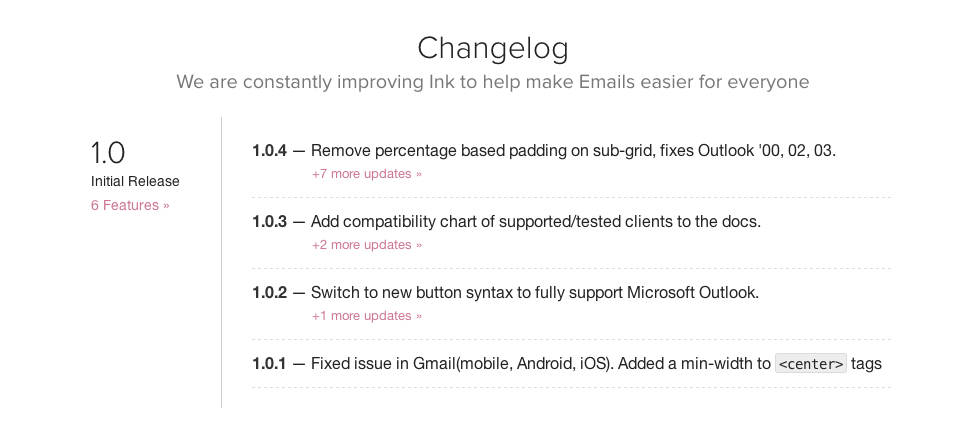 screen shot of the ink change log